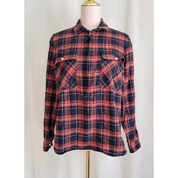 J. Crew Buffalo Check Flannel Shirt 1/2 Zip Red Blue White Cotton E4424 Size S - Picture 1 of 11